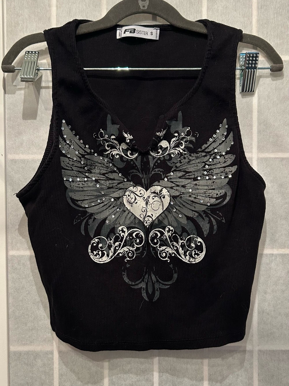 FB Sister Black Ribbed Tank with Winged Heart Graphic